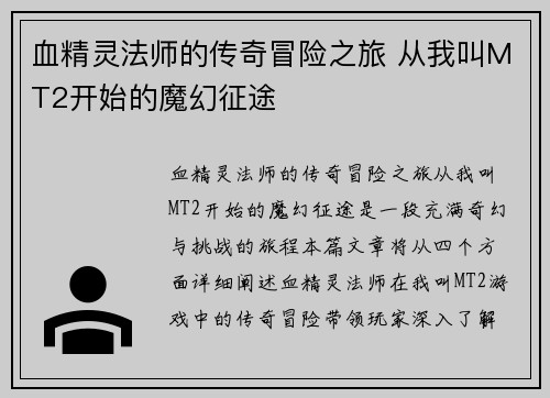 血精灵法师的传奇冒险之旅 从我叫MT2开始的魔幻征途